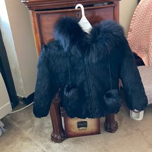 Black faux fur hooded jacket . Size 4